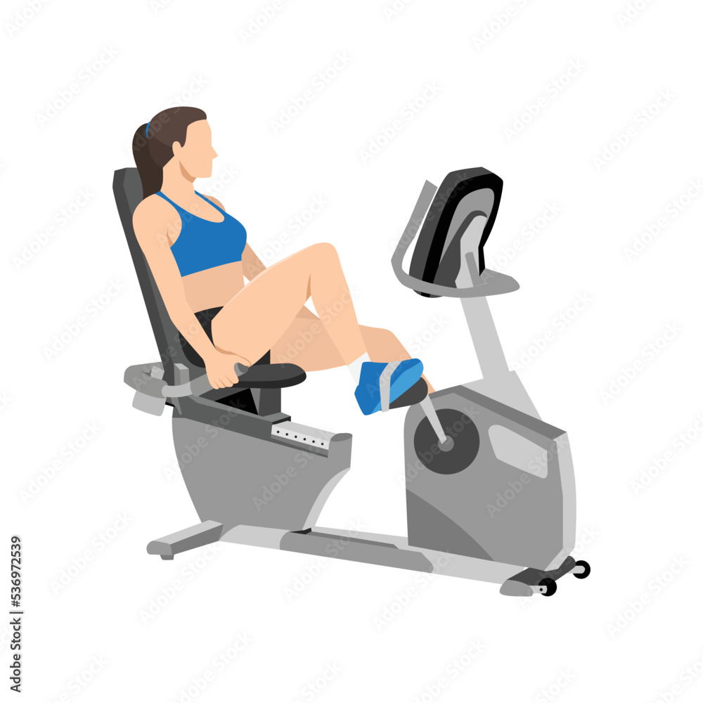 Woman doing recumbent bike cardio exercise. Flat vector illustration isolated on white background Woman doing recumbent bike cardio exercise. Flat vector illustration isolated on white background
