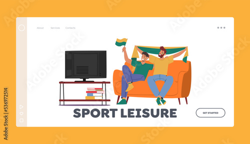 Sport Leisure Landing Page Template. Dad and Son Characters Spend Time Together Watching Football on Tv Sitting on Couch