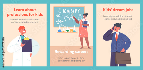 Kid Profession Cartoon Banners. Children Doctor Scientist, Teacher or Businessman Characters. Children Choose Occupation