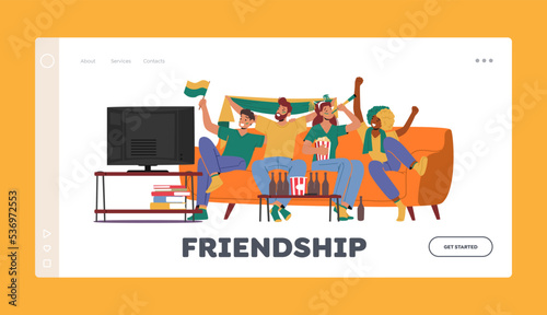 Friendship Landing Page Template. Home Fun Party Concept with Group of Happy People Cheering for their Favorite Team
