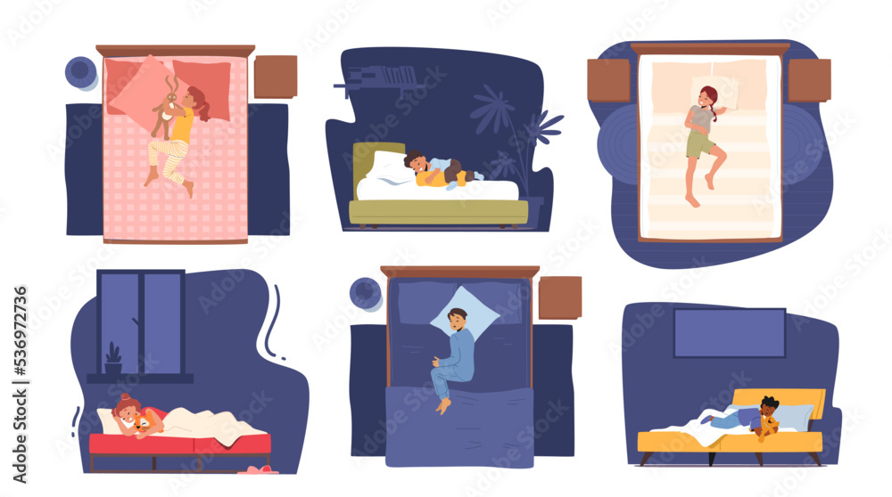 Set Kid Sleep On Bed Top And Side View Relaxed Little Children set-kid-sleep-on-bed-top-and-side-view-relaxed-little-children