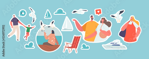 Set of Stickers People Walking along Embankment, Yacht, Gull, Dad with Son, Couple or Family Characters Outdoor Relax