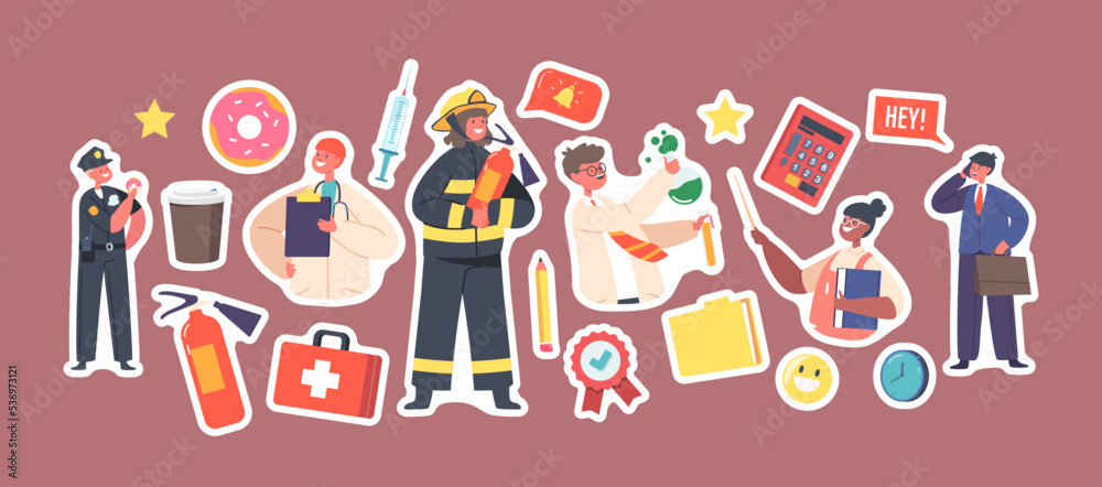 Set of Stickers Kids Profession Policeman, Firefighter and Doctor with Scientist, Teacher and Businessman Characters