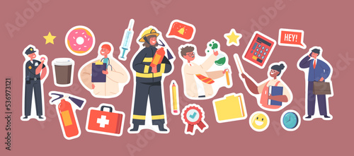 Set of Stickers Kids Profession Policeman, Firefighter and Doctor with Scientist, Teacher and Businessman Characters