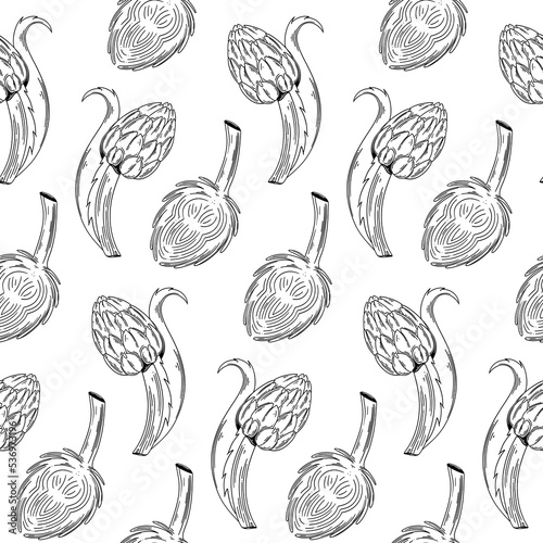 Artichoke hand drawn vector seamless pattern. Isolated Vegetable engraved style background. Detailed vegetarian food drawing. Farm market product. Great for menu, packaging design, fabric