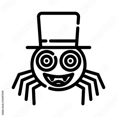 Scary spider icon. Outline design. Scary spider in witch hat isolated on white background.