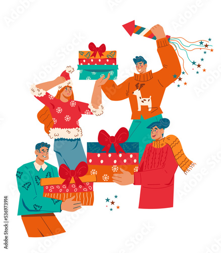 People exchange Christmas gifts. Men and women in winter clothes with Christmas and New Year gifts, flat vector illustration isolated on white background. Winter holidays celebration.