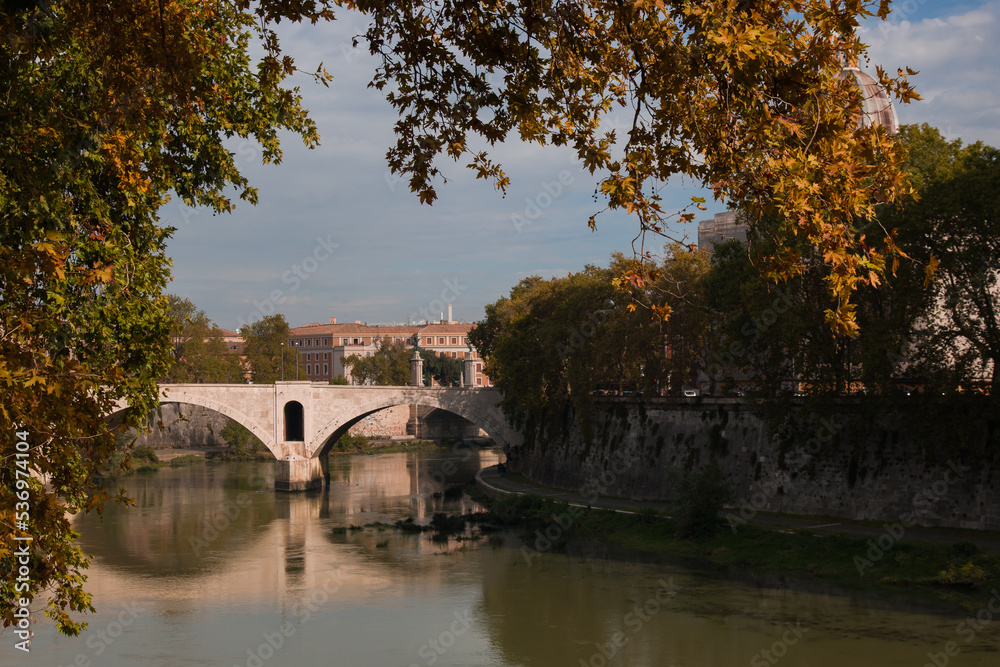 Autumn in  Rome: foliage and river Tevere during sunny day of october,  Lazio Italy
