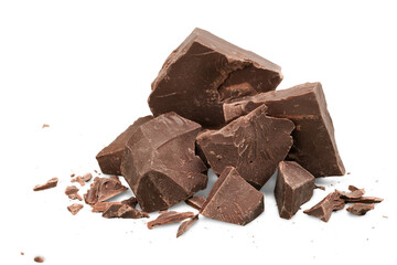 Dark chocolate blocks and bieces isolated on white background