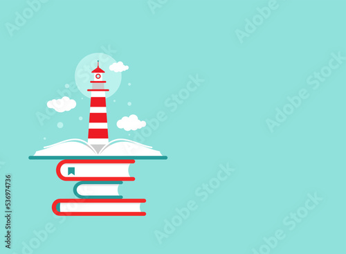 book stack with lighthouse or beacon and clouds on blue background. Vector flat illustration. Knowledge, reading, education logo. Imagination and inspiration picture. Books can help and guide.