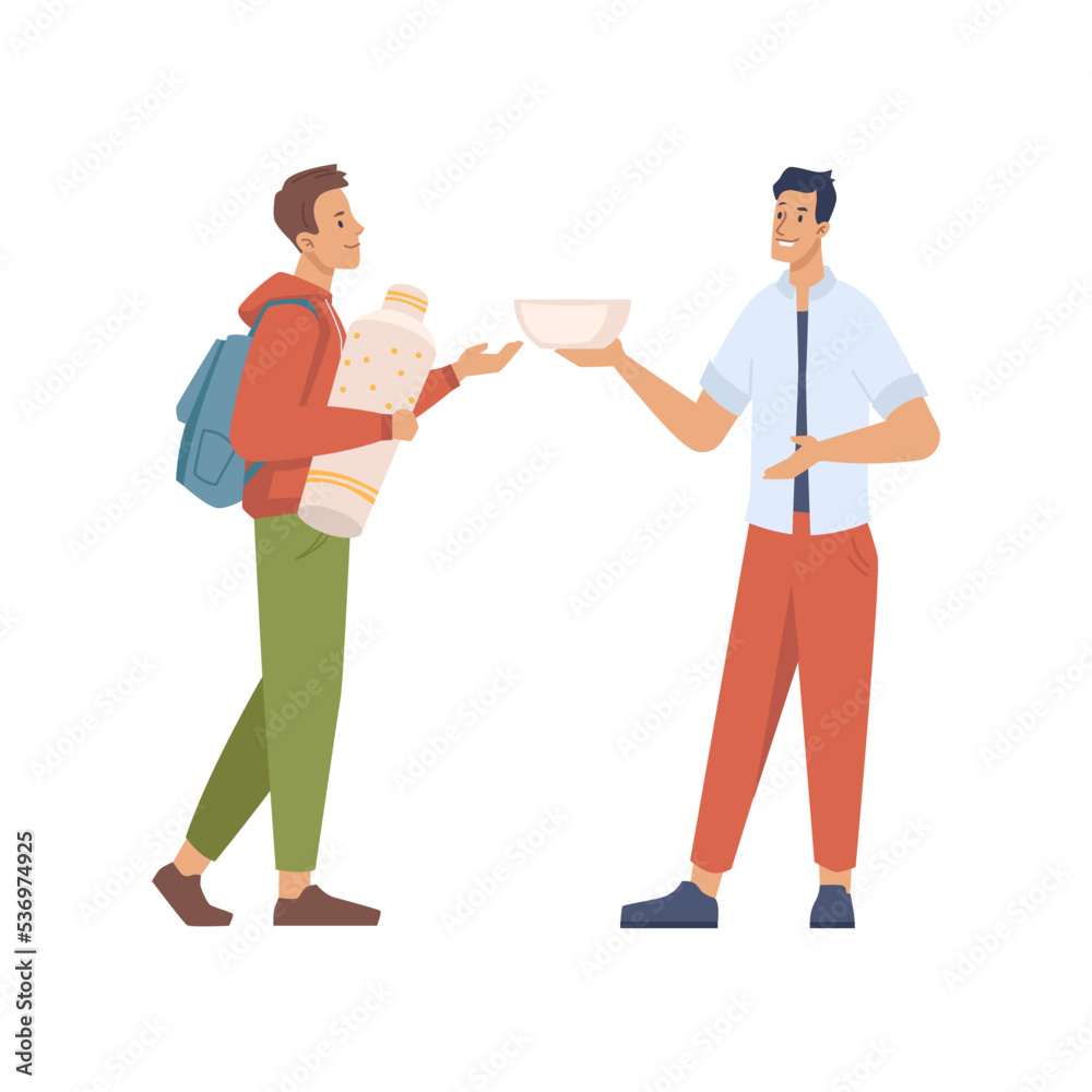 Seller in shop offering kitchenware and decorative elements to client. Local store business, businessman talking to man with vase. Vector in flat cartoon style Seller in shop offering kitchenware and decorative elements to client. Local store business, businessman talking to man with vase. Vector in flat cartoon style