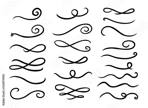 Curly swishes, swashes, swoops hand drawn collection. Calligraphy swirl. Highlight text elements. Vector illustration set.