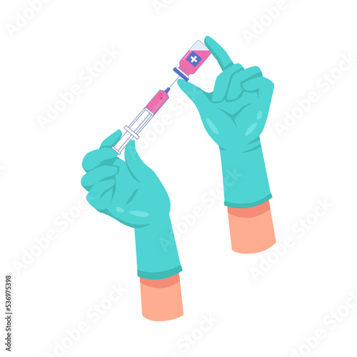 Vaccination and healthcare, isolated doctors hands in sterile gloves filling syringe with vaccine. Take shot, injection for immunity. Vector in flat cartoon style