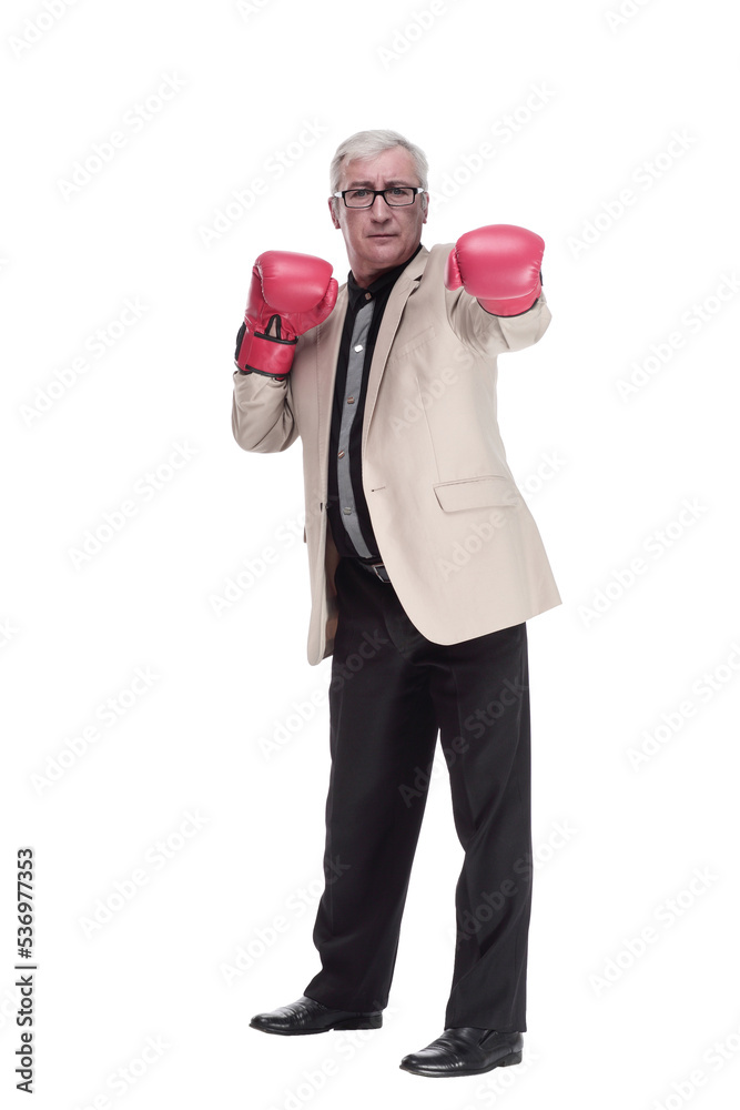 in full growth. Mature, intelligent man in Boxing gloves. in full growth. Mature, intelligent man in Boxing gloves.