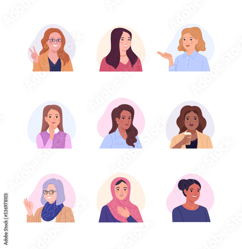 Collection of female avatars. Vector cartoon illustration of portraits of diverse smiling businesswomen and office employees of different ages and ethnicities. Isolated on white