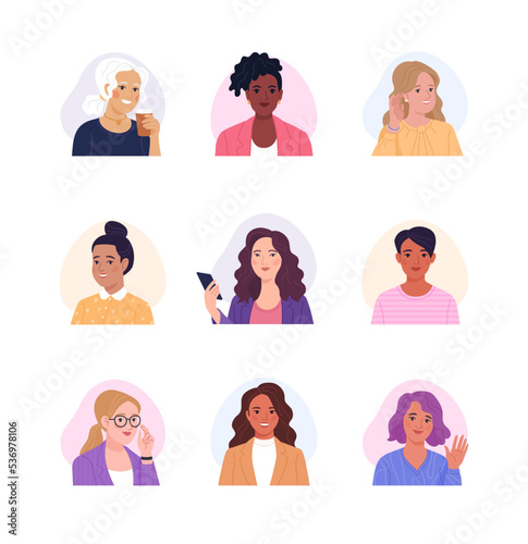 Collection of female avatars. Vector cartoon illustration of portraits of diverse smiling businesswomen and office employees of different ages and ethnicities. Isolated on white