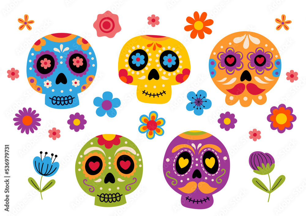 
set of isolated colourful sugar skulls and flowers