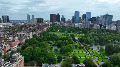 Beautiful aerial establishing shot of Boston skyline. View of Public Garden and Boston Common with skyscrapers. photo