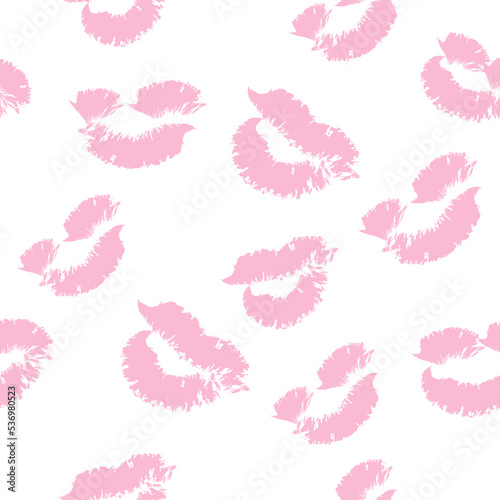 Pink print lip on white background. Seamless pattern. Lipstick Kisses cartoon character