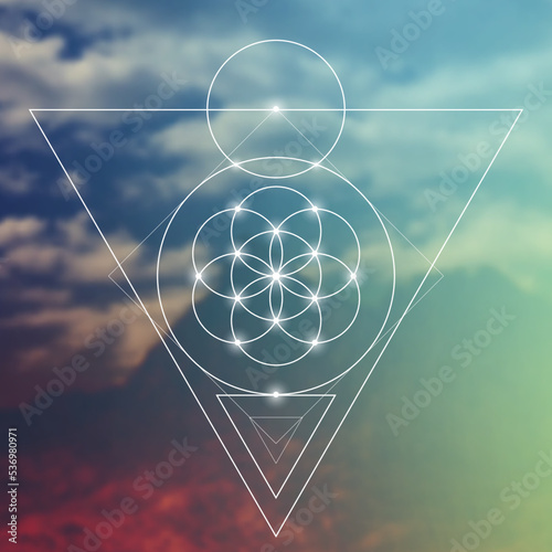 Flower of life. Tree of life. Sacred geometry spiritual new age futuristic illustration with transmutation interlocking circles, triangles and glowing particles
