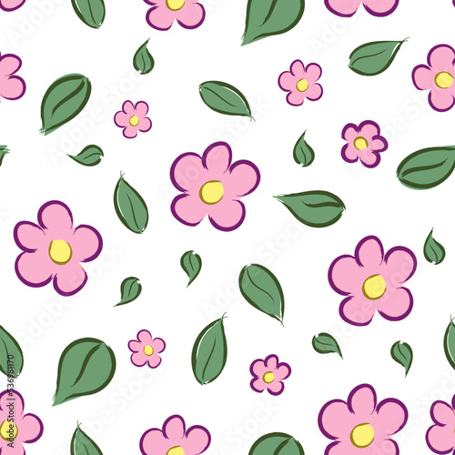 Wallpaper Mural Vector seamless floral pattern with pink flowers and green leaves on white background Torontodigital.ca
