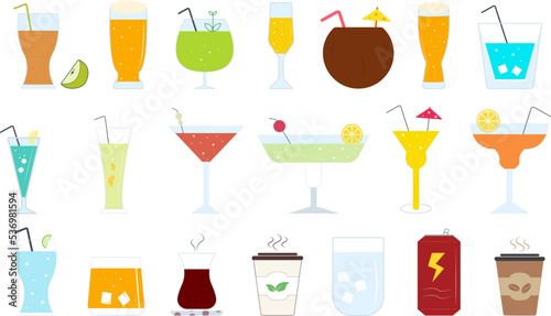 Flat cold and hot drink icons set. Glass and bottle pack, cartoon illustration.
