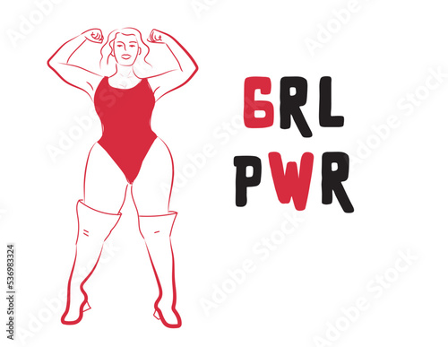 Girl power strong women with slogan. GRL PWR hand lettering. Feminism, feminist slogan, phrase or quote. Vector art illustration for social media.