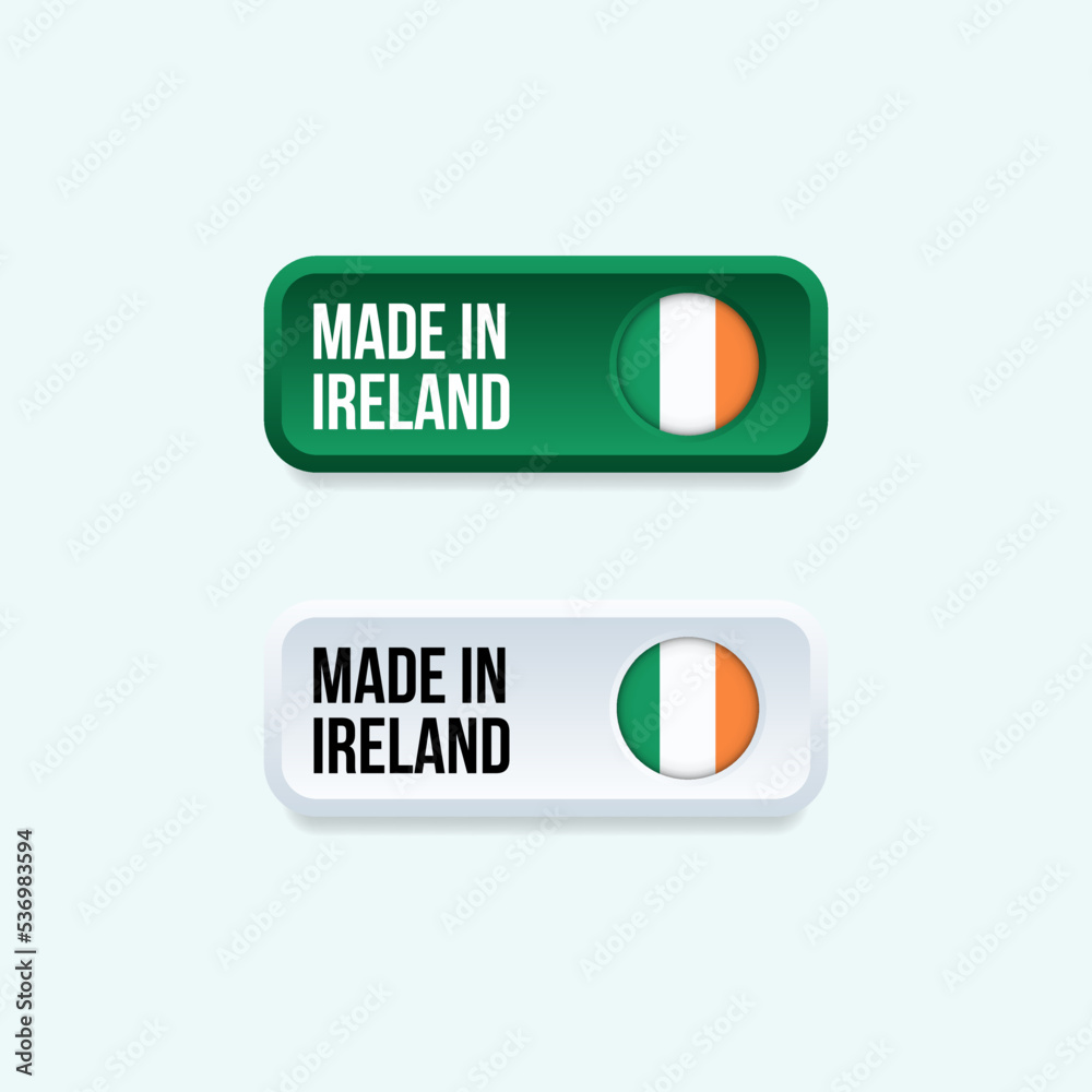 Made in Ireland, rectangular sticker labels for products, packaging and promotions, with country flag Made in Ireland, rectangular sticker labels for products, packaging and promotions, with country flag