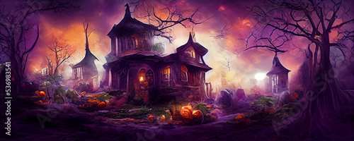 Spooky Halloween Mansion Creepy Night, Haunted Mansion Halloween Building, Spooky House Halloween Theme Background, Dark House Horror Garden Halloween Illustration