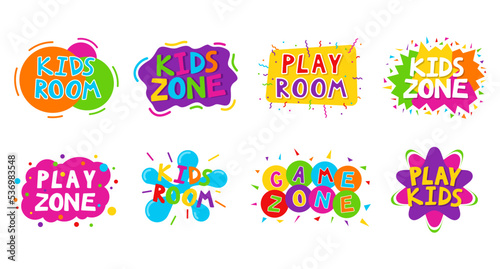 Cartoon colorful logo Kids Zone set isolated on white background. Bright multicolored letters to children playroom or area decorating. Inscription of baby playground. Place for fun and play. Vector