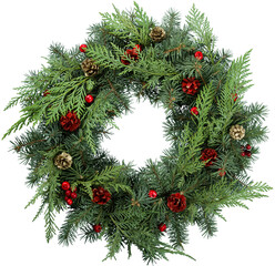 Christmas wreath made of fir tree and cones isolated on white. Christmas decorations