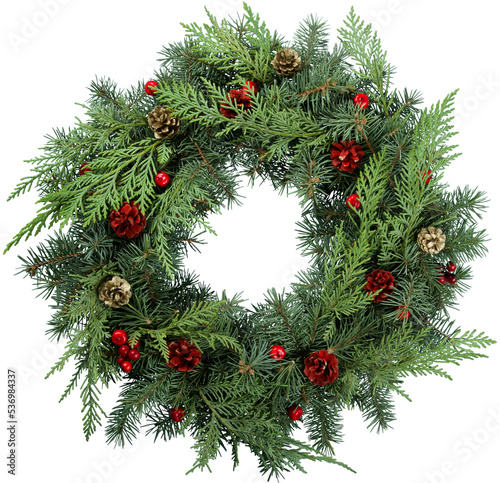 Christmas wreath made of fir tree and cones isolated on white. Christmas decorations photo