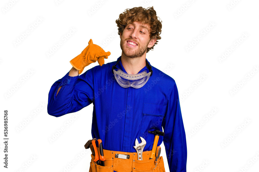 Young caucasian electrician man isolated on white background showing a mobile phone call gesture with fingers.