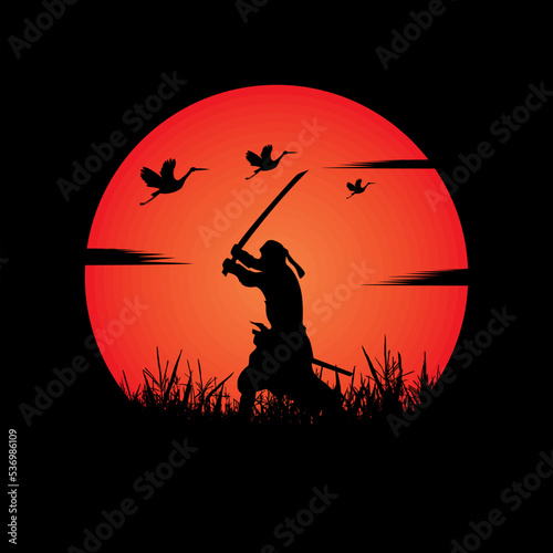illustration vector graphic of Samurai training at night on a full moon. Perfect for wallpaper, poster, etc.