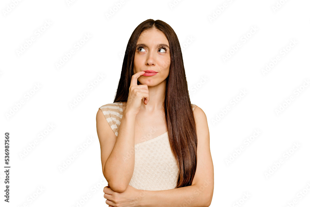 Young caucasian long hair woman isolated looking sideways with doubtful and skeptical expression. Young caucasian long hair woman isolated looking sideways with doubtful and skeptical expression.
