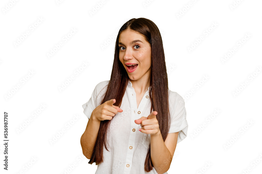 Young caucasian long hair woman isolated pointing to front with fingers. Young caucasian long hair woman isolated pointing to front with fingers.
