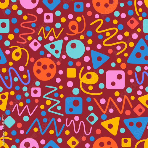 Colorful seamless pattern. Circles  triangles  serpentine  dots  squares  rhombus and zigzag. Fun colorful line doodle shape background. 