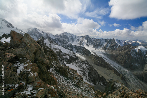 View of the mountain peaks and glaciers of Kyrgyzstan.