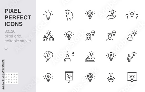 Creative idea line icon set. Electricity bulb, brainstorm presentation, education, solution minimal vector illustration. Simple outline sign for innovation. 30x30 Pixel Perfect, Editable Stroke