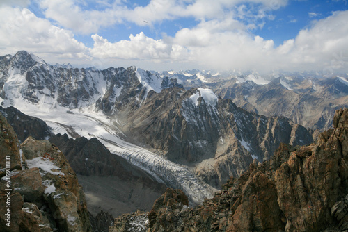View of the mountain peaks and glaciers of Kyrgyzstan.