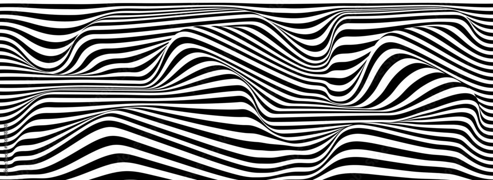 Psychedelic optical illusion. Abstract vector distorted background with black and white lines. Op art pattern textures.