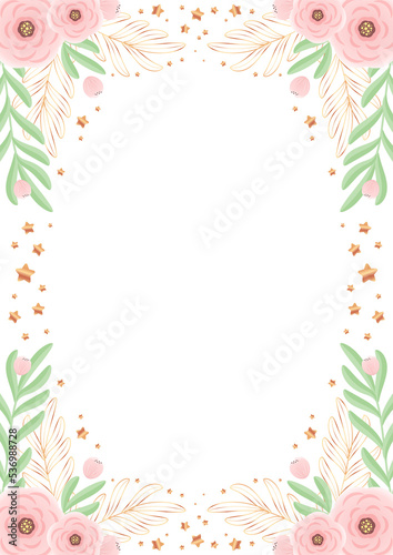 Floral background. Beautiful frame of roses and gold leaves. 