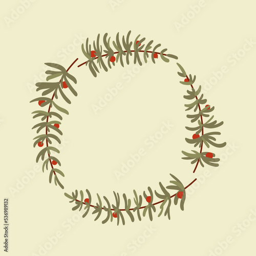 Vector Christmas wreath with red berries. Pine wreath illustration for Christmas and New Year on white background.