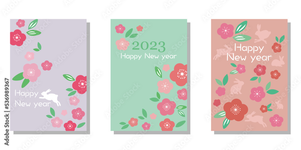 Set of new year frame illustration. Rabbit year 2023 new year template collection. Rabbit zodiac symbol and flower decoration vector template. Vector illustration.