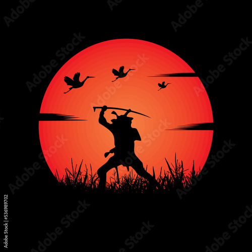 illustration vector graphic of Samurai training at night on a full moon. Perfect for wallpaper, poster, etc.