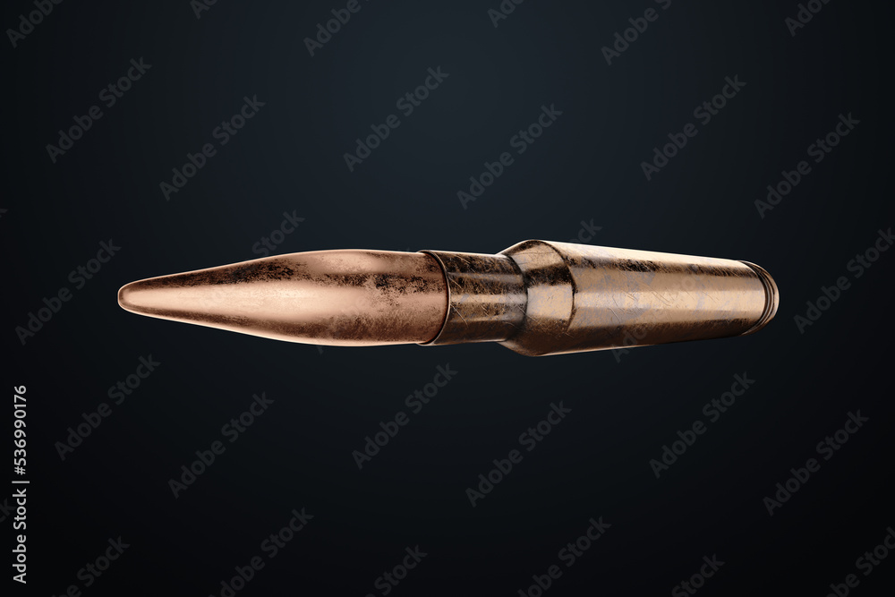 Bullet isolated on Dark background. The concept of war, combat clash. Cartridges for a rifle. 3D illustration, 3D render. Bullet isolated on Dark background. The concept of war, combat clash. Cartridges for a rifle. 3D illustration, 3D render.