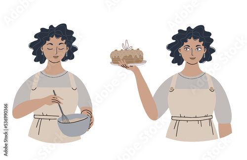 Set of a young woman cooking. A happy girl holds a cake, and dessert in her hand. Isolated on white background