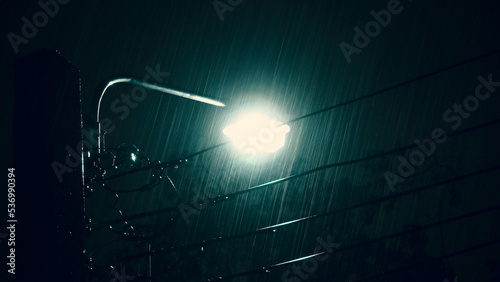 Raining Night and light. Rain Drops Falling in night at Bangkok Thailand in August raining season. Rain speedy at night. Shower rainfall. Rain falling. Rain Drop Street light. Weather forcast concept. © gnepphoto