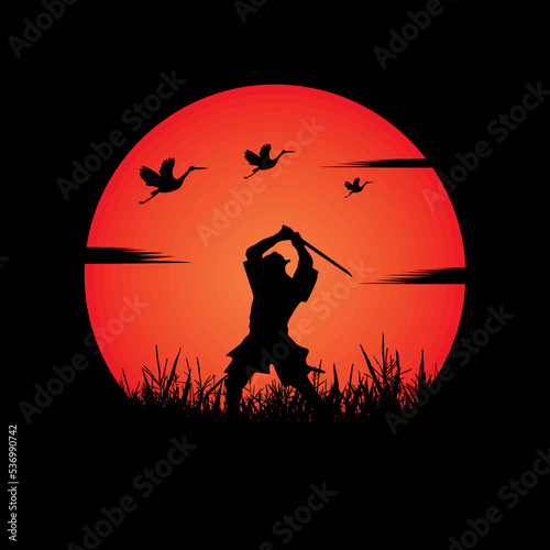 illustration vector graphic of Samurai training at night on a full moon. Perfect for wallpaper, poster, etc.