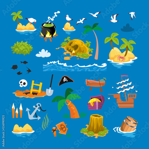 Set of elements for maps, cards and scenes with pirates, sea adventures. Islands, palm trees, birds and trees, treasures. Isolated objects for games, posters. Vector illustration.